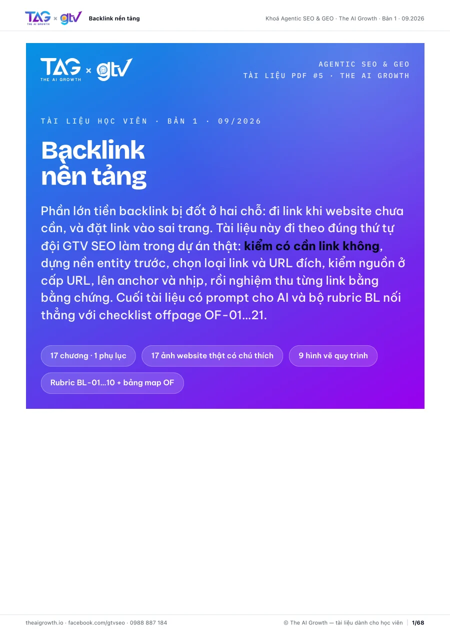 Bìa tài liệu Backlink nền tảng, 68 trang
