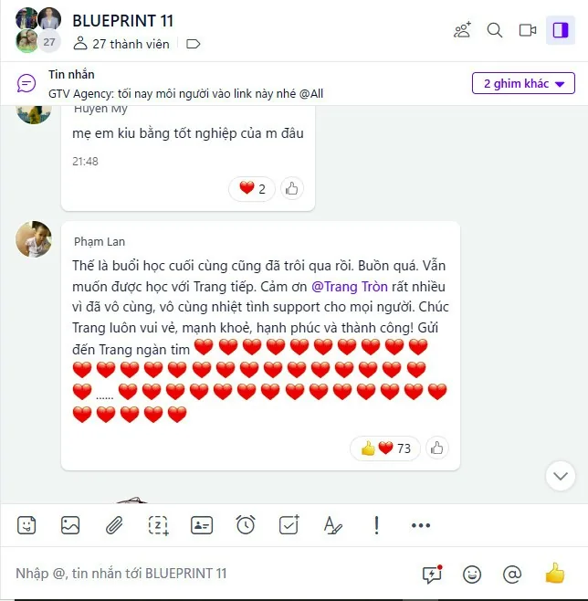 Group Blueprint 11 sau buổi học cuối: học viên cảm ơn cô Trang và team, “vẫn muốn được học tiếp”.