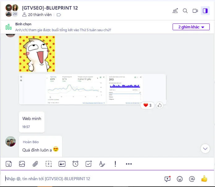 Group Blueprint 12: học viên chia sẻ số liệu website của mình sau khoá, cả lớp vào chúc mừng.