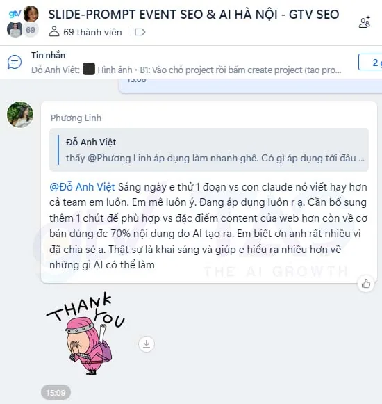 Phương Linh, SEO Leader Langgo, trong group sự kiện SEO &amp; AI Hà Nội: thử một đoạn với Claude thấy viết hay hơn cả team, về cơ bản dùng được khoảng 70% nội dung AI tạo ra.