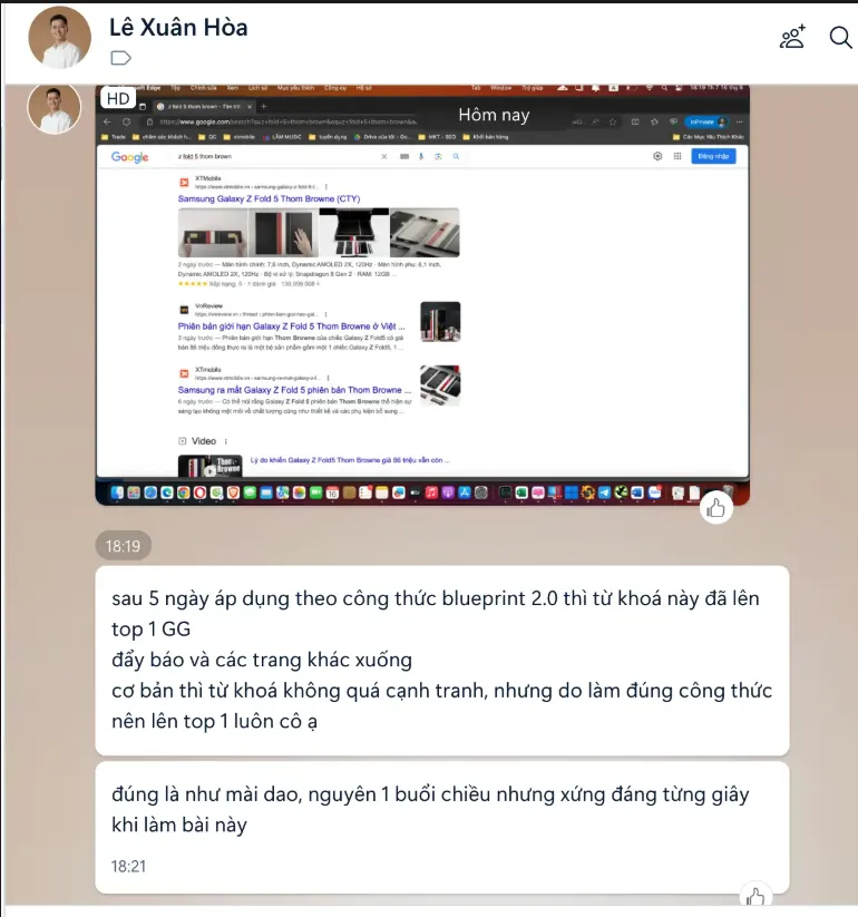Lê Xuân Hòa: sau 5 ngày áp dụng công thức Blueprint, từ khoá lên top 1 Google, đẩy báo và các trang khác xuống.