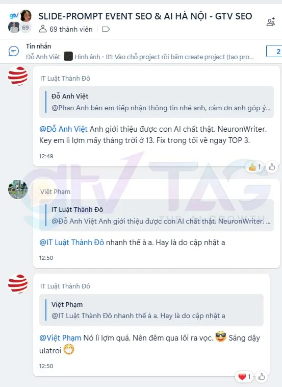 IT Luật Thành Đô, trong group sự kiện SEO &amp; AI Hà Nội: fix theo gợi ý của công cụ AI trong tối, sáng hôm sau từ khoá lên top 3.