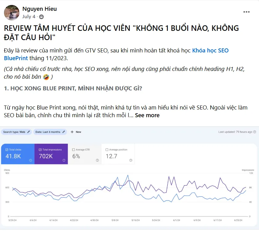 Nguyen Hieu, khoá 11/2023: “không một buổi nào không đặt câu hỏi”; GSC ghi nhận 41.800 click trong 3 tháng.