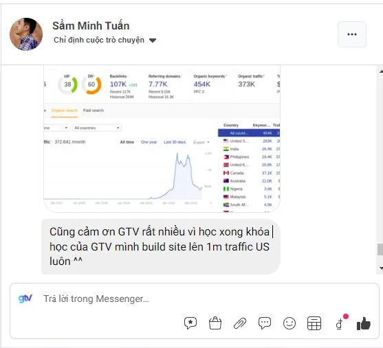 Sầm Minh Tuấn: học xong khoá của GTV, tự dựng website đạt 1 triệu traffic ở thị trường Mỹ.