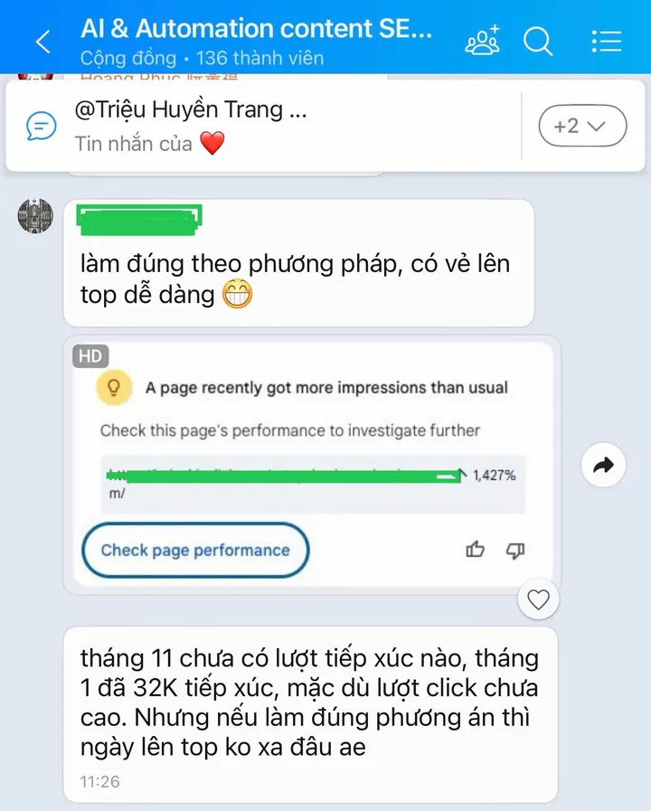 Group khoá Agentic Content SEO của The AI Growth, Vincent Do giảng dạy: làm đúng phương pháp, lượt hiển thị tăng 1.427%.
