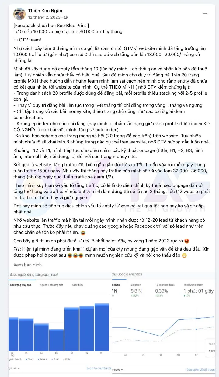 Thiên Kim Ngân, học viên SEO Blueprint: từ 0 lên 10.000, rồi 30.000 traffic mỗi tháng sau 6 tháng.