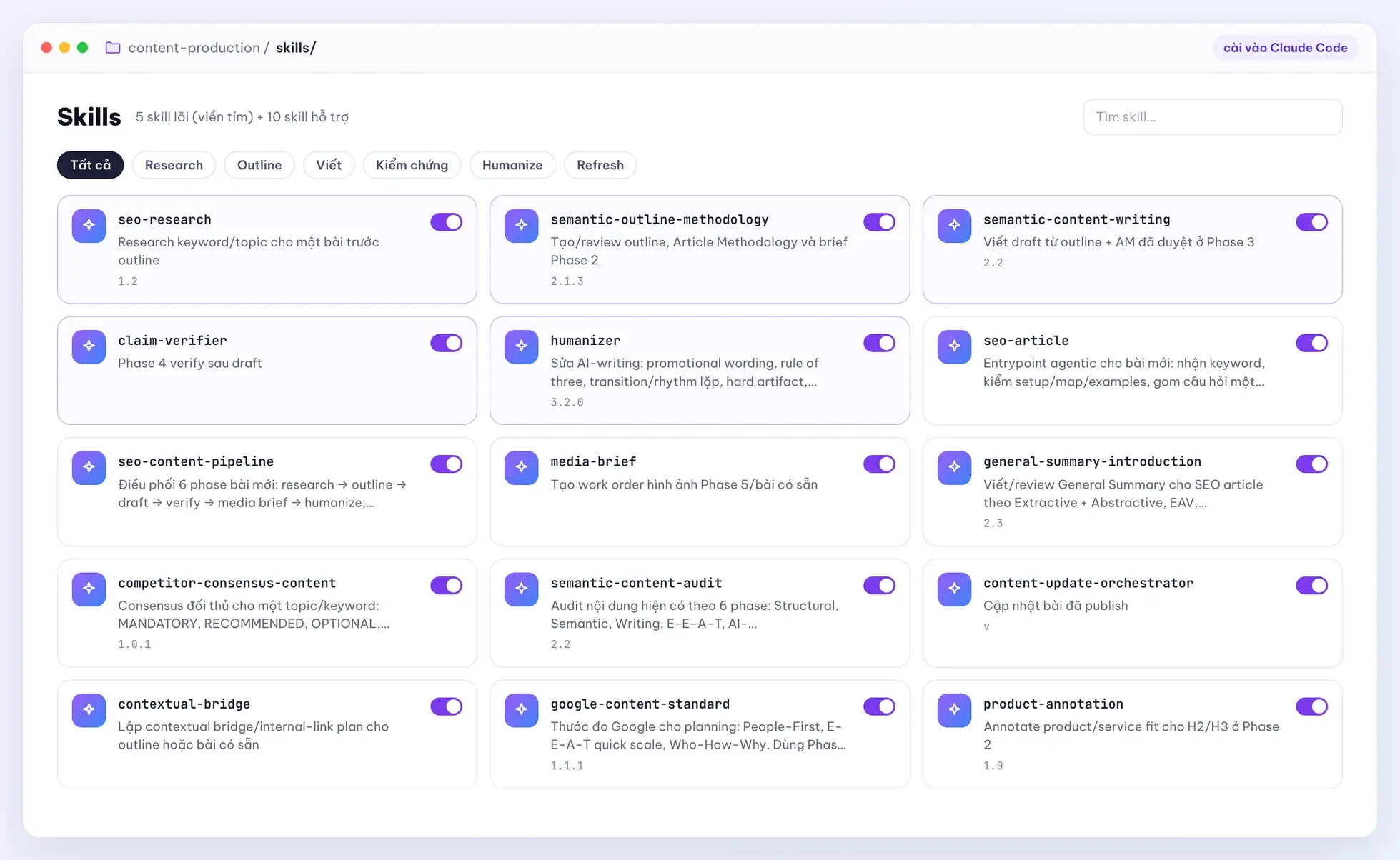 Thư viện AI Skills content trong thư mục quy trình