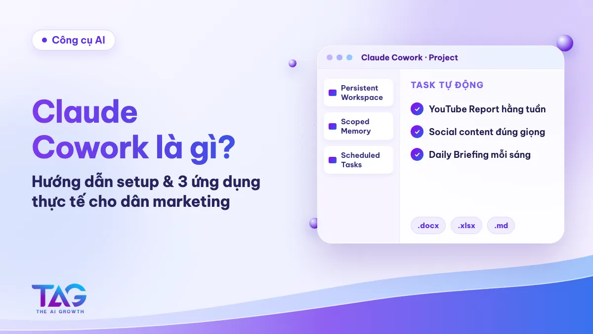 Ảnh bìa bài Claude Cowork là gì: cửa sổ Project với Persistent Workspace, Scoped Memory, Scheduled Tasks và 3 task tự động