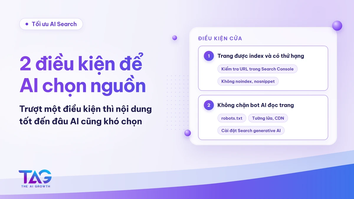 2 điều kiện để AI chọn nguồn: trang được index, có thứ hạng và không chặn bot AI đọc trang