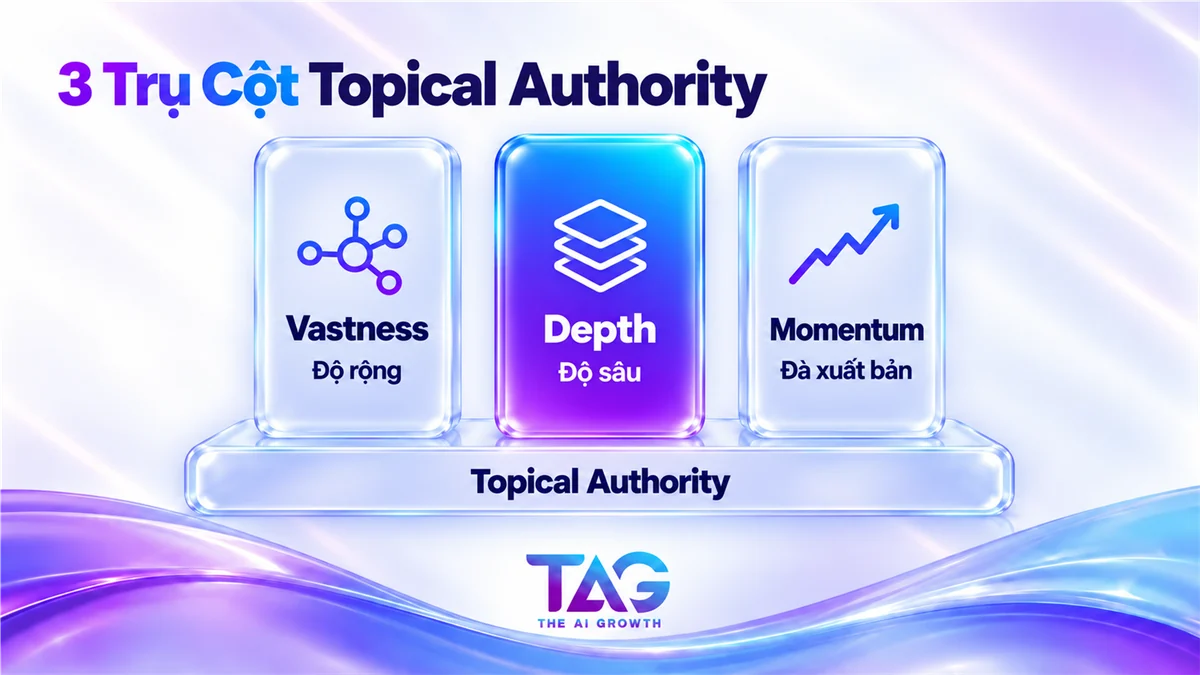 3 trụ cột của Topical Authority gồm Vastness độ rộng, Depth độ sâu và Momentum đà xuất bản