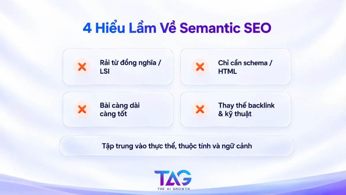 4 hiểu lầm về Semantic SEO: rải từ đồng nghĩa LSI, chỉ cần schema, bài càng dài càng tốt, thay thế backlink và kỹ thuật