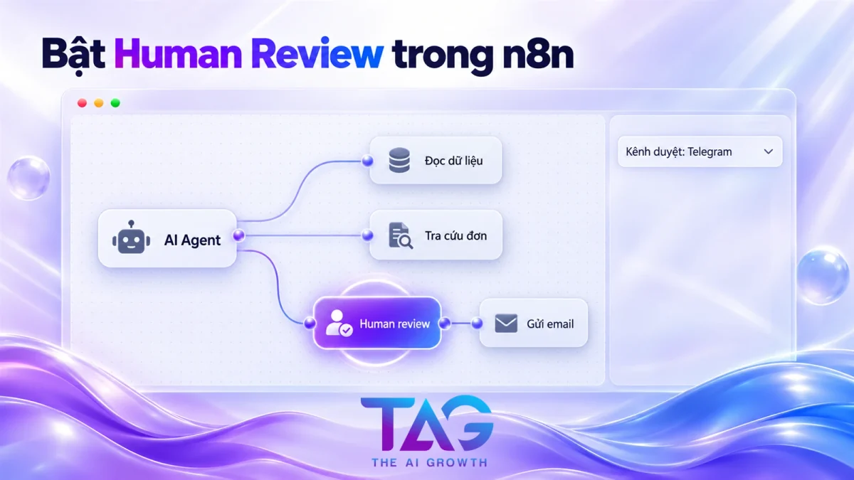 Bật human review cho tool gửi email của AI Agent trong n8n, chọn kênh duyệt Telegram