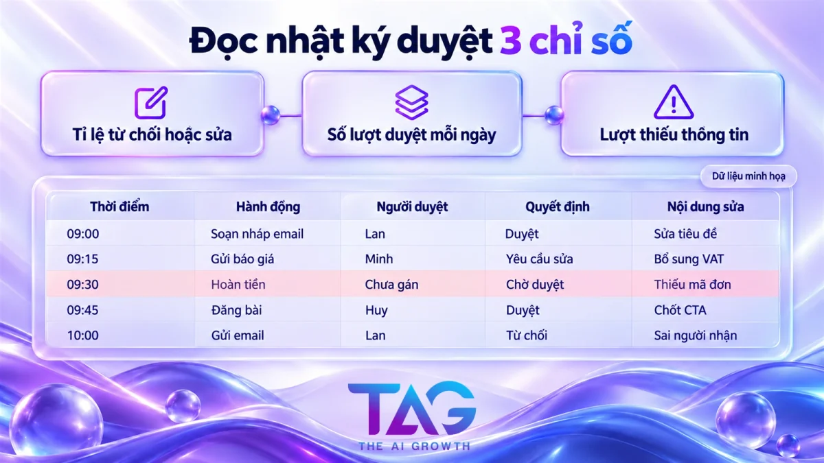 Mẫu nhật ký duyệt human in the loop với 3 chỉ số tỉ lệ từ chối, số lượt duyệt mỗi ngày và lượt thiếu thông tin