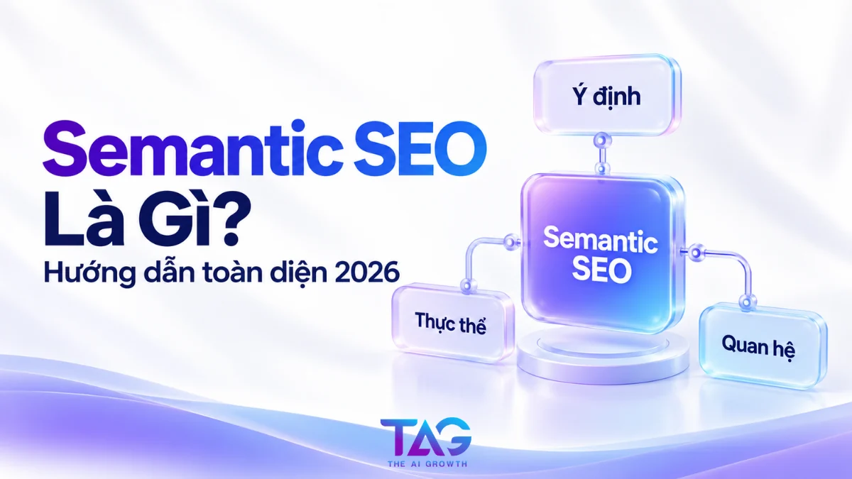 Ảnh bìa Semantic SEO là gì với sơ đồ nối Semantic SEO tới ý định, thực thể và quan hệ