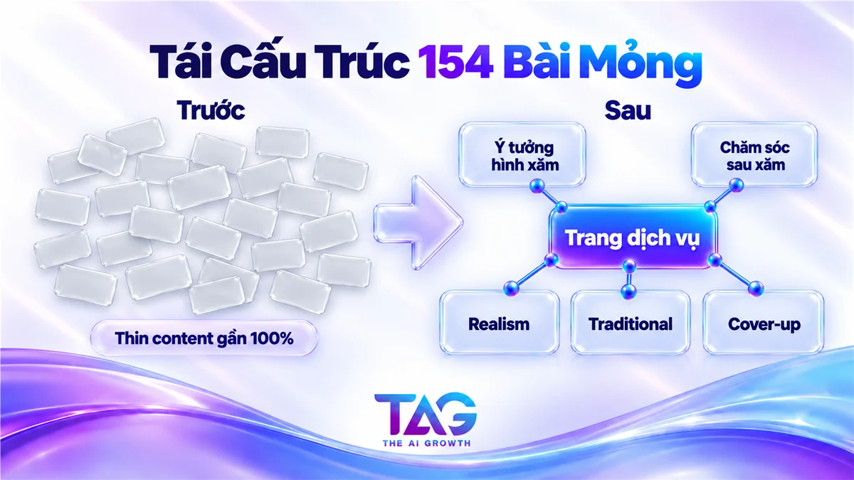Tái cấu trúc 154 bài thin content thành các cụm chủ đề theo topical map
