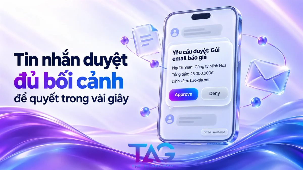 Tin nhắn duyệt email báo giá của AI Agent gửi qua Telegram kèm người nhận, số tiền và nút Approve, Deny