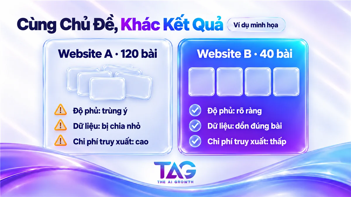Ví dụ minh họa công thức Topical Authority so sánh website 120 bài trùng ý với website 40 bài phủ đúng chủ đề