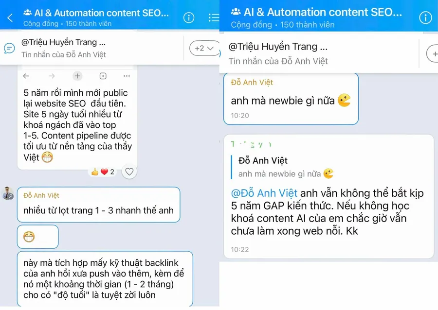 Group khoá Agentic Content SEO của The AI Growth: website 5 ngày tuổi đã có nhiều từ khoá top 1 đến 5.