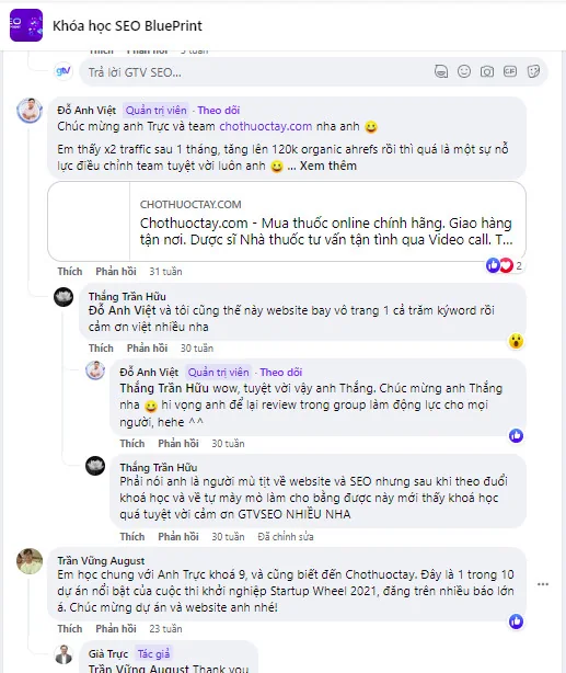 Group khoá SEO Blueprint: Chothuoctay x2 traffic sau 1 tháng, lên 120k organic theo Ahrefs; học viên khác chia sẻ website lên trang 1 cả trăm từ khoá.