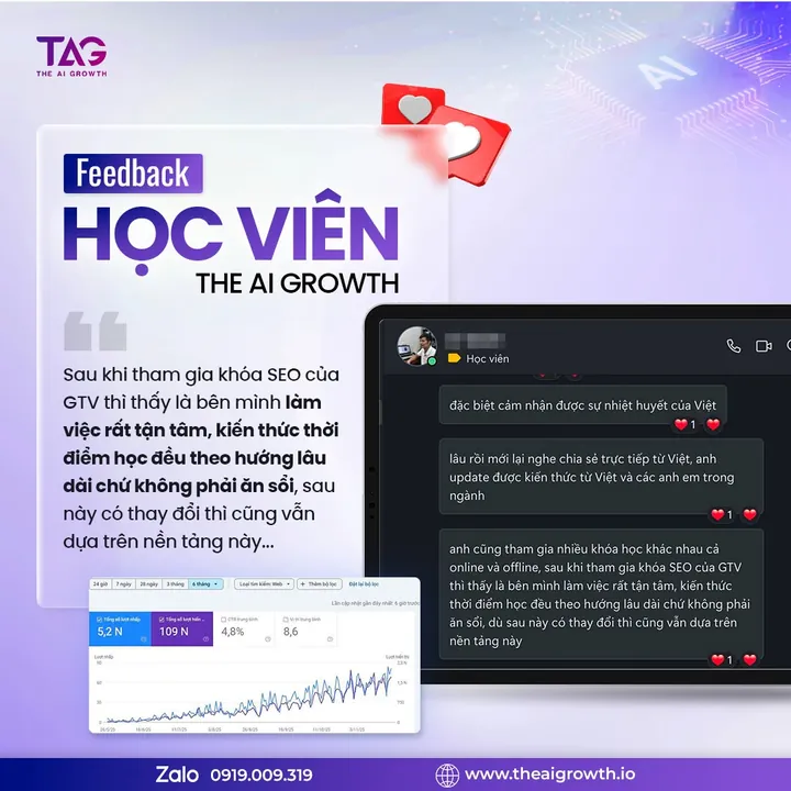 Học viên sau khoá SEO của GTV, đăng trên The AI Growth: đội ngũ tận tâm, kiến thức hướng lâu dài.
