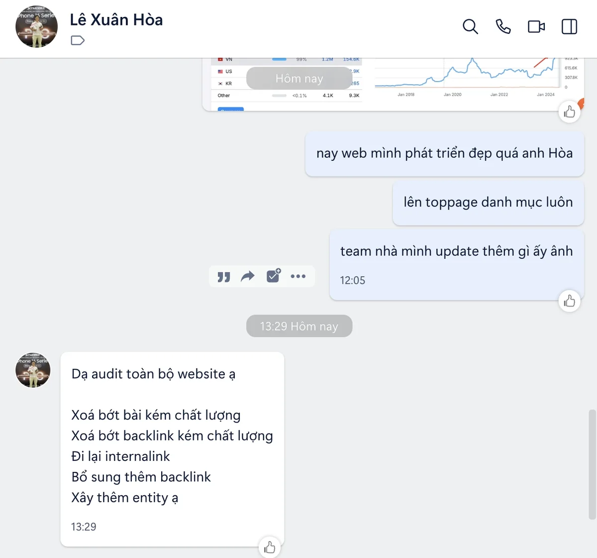 Lê Xuân Hòa, co-founder XTmobile, trao đổi với Vincent Do: audit toàn bộ website, xoá bớt bài và backlink kém chất lượng, đi lại internal link, xây thêm entity; website lên top trang danh mục.