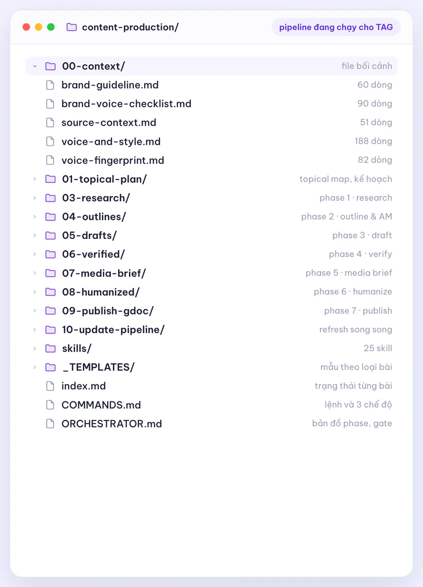Cây thư mục quy trình: file context, các bước, skill, bảng trạng thái