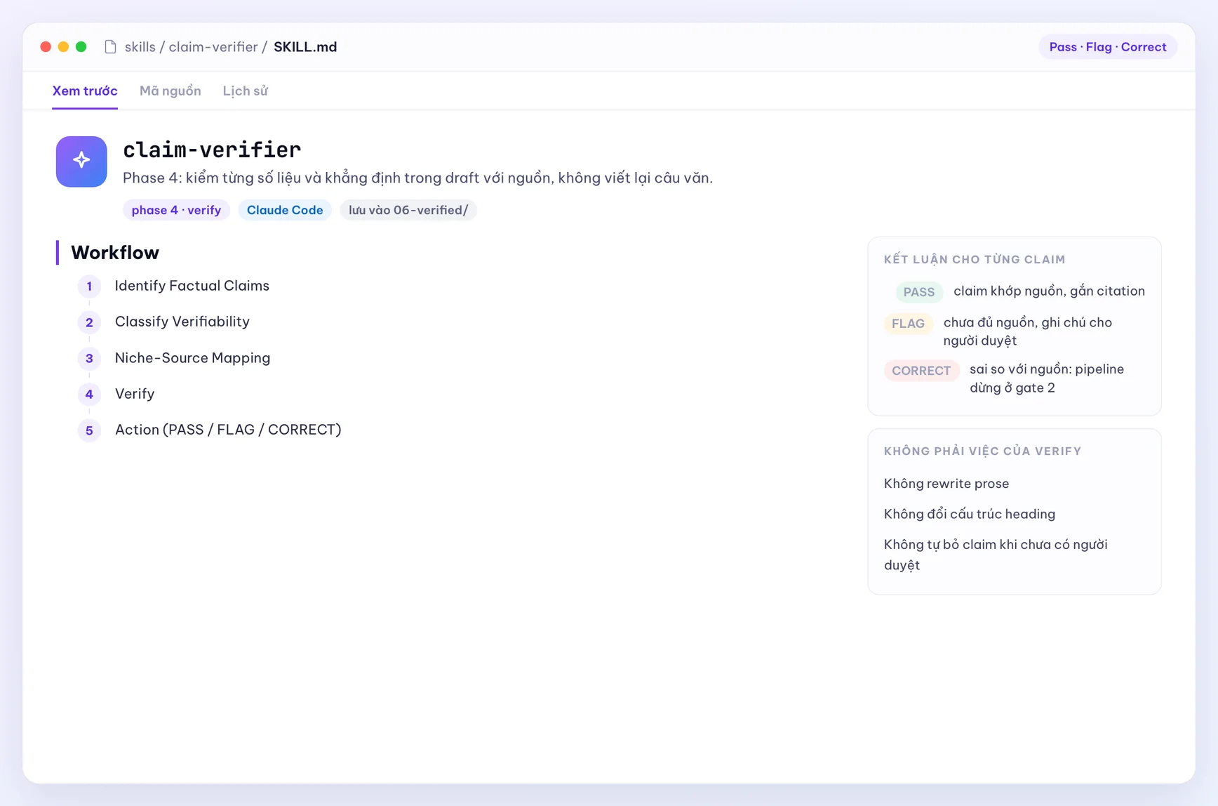 Skill claim-verifier: đạt, cần xem, phải sửa và luật dừng