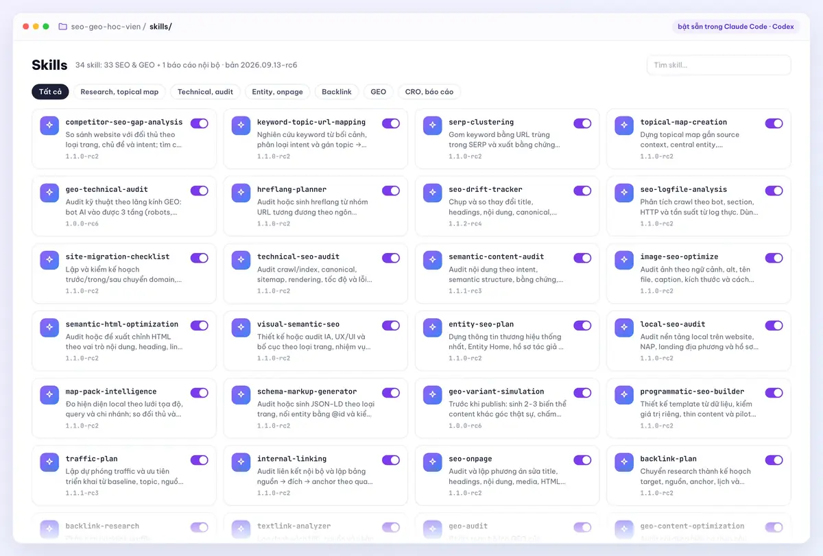 Thư viện 34 skill trong repo: 33 SEO & GEO và 1 báo cáo nội bộ, mỗi skill có version
