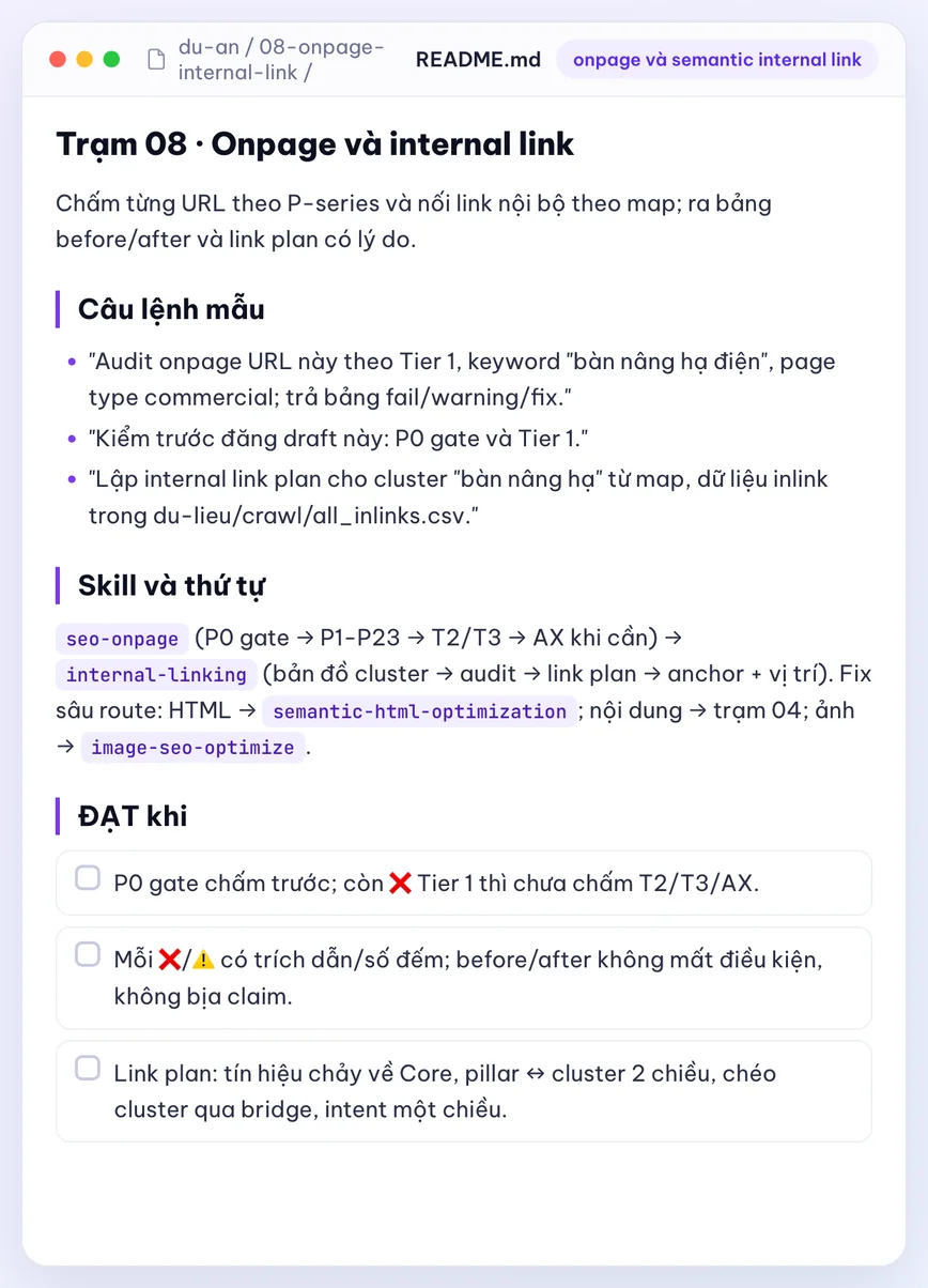 Trạm 08 trong repo học viên: câu lệnh mẫu onpage và semantic internal link