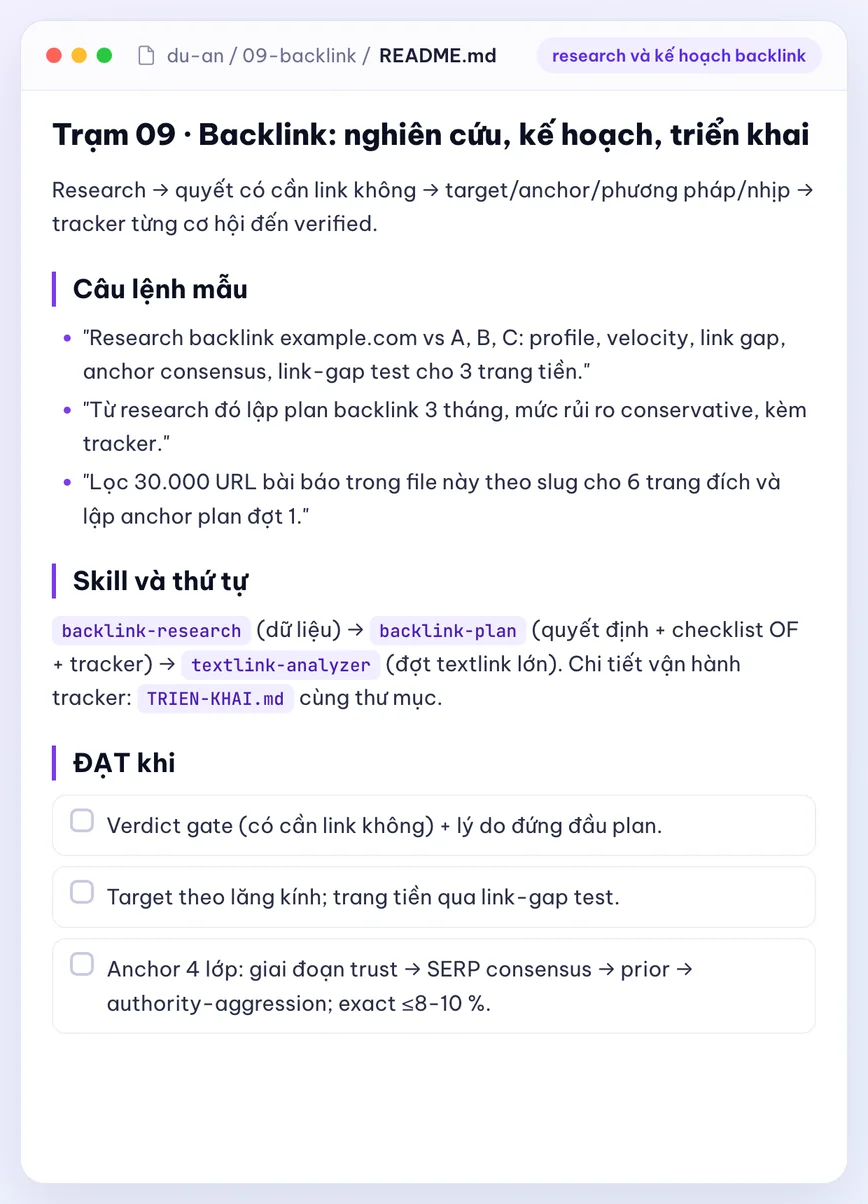 Trạm 09 trong repo học viên: câu lệnh mẫu research và kế hoạch backlink