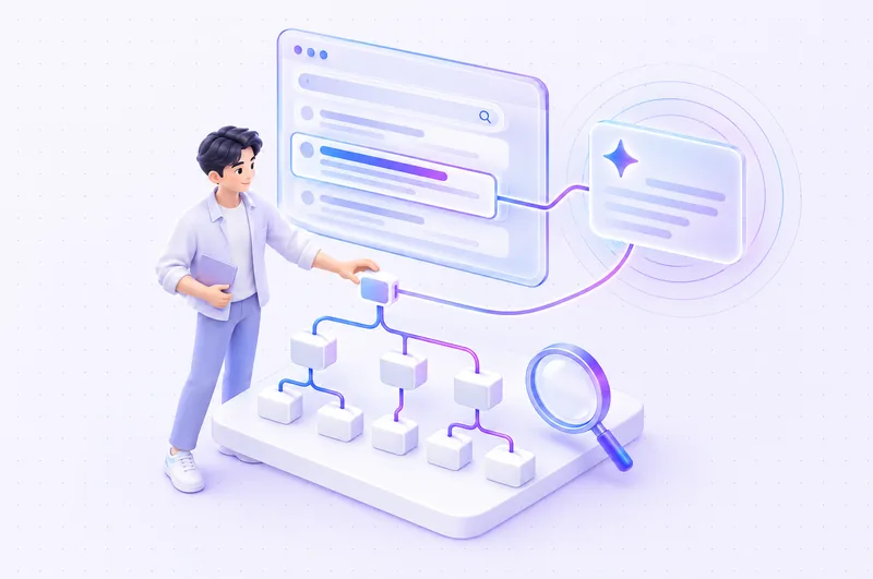 Minh hoạ Agentic SEO & GEO: người làm SEO dựng cấu trúc website, câu trả lời AI trích nguồn từ trang
