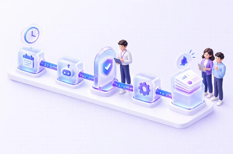 Minh hoạ Agentic Workflow: trưởng nhóm duyệt ở cổng giữa quy trình agent chạy theo lịch