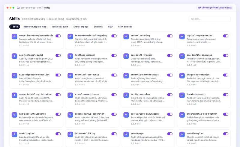 Màn hình thư viện AI Skills của khoá Agentic SEO & GEO